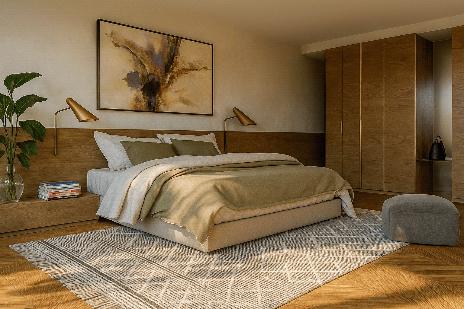 3D visualization of a bedroom with oak wall coverings, olive tones and brass lighting details