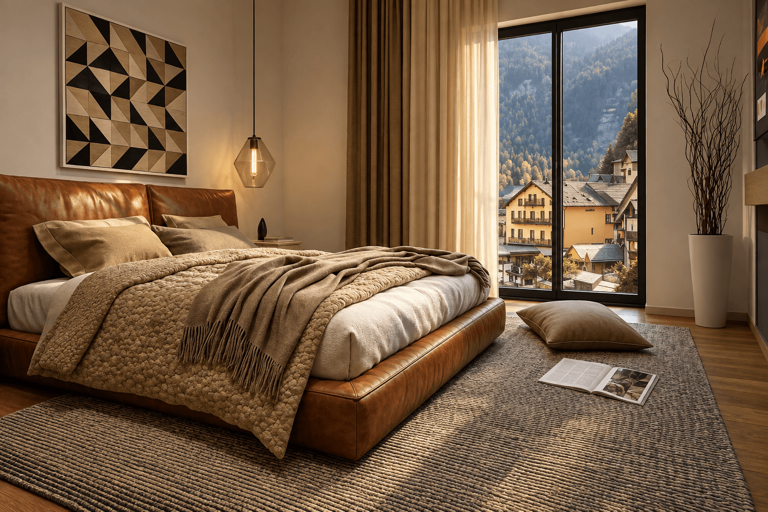 3D visualization of a warm contemporary bedroom with a leather bed, natural textures and a view of the alpine environment