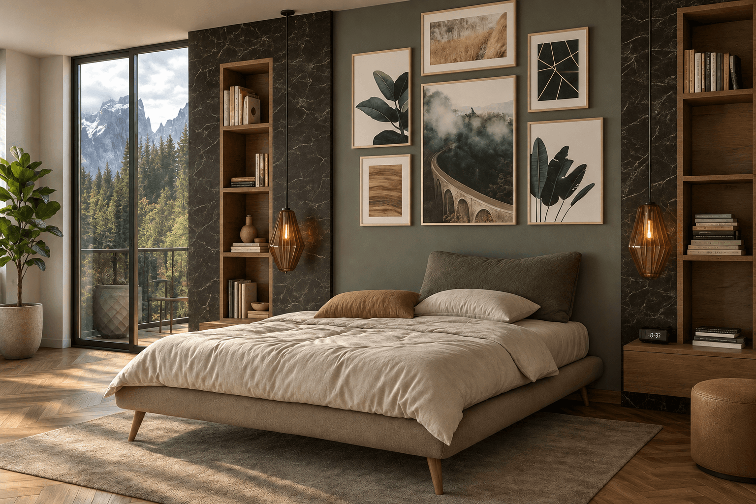 3D visualization of a bedroom with natural tones, built-in shelves and a view of the mountain setting