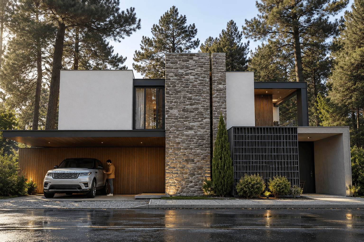 3D visualization of a contemporary family home in Italy with a stone central volume, wooden accents and landscaped greenery