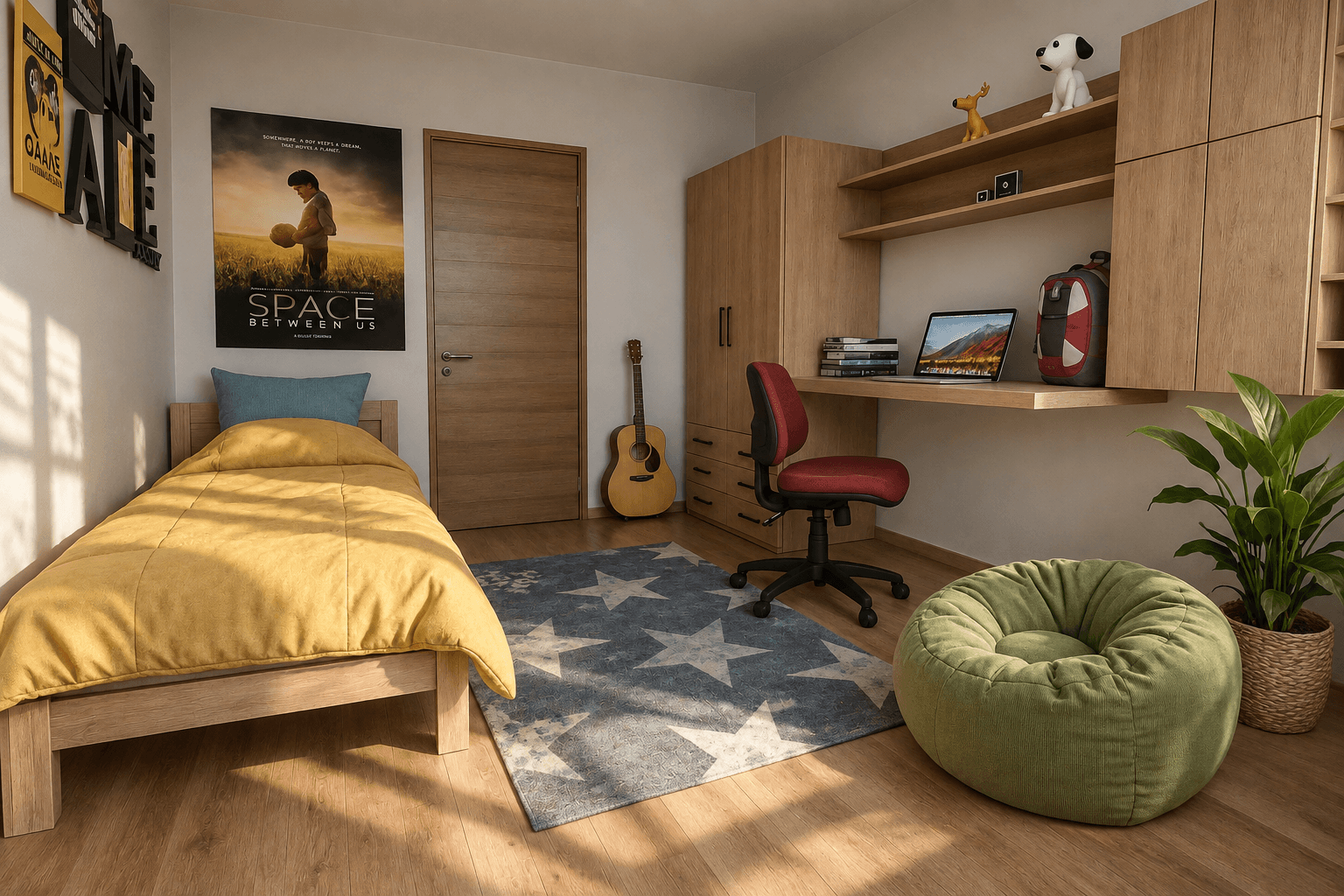 3D visualization of a contemporary youth room with wooden furniture, an integrated desk, a guitar and a bean bag