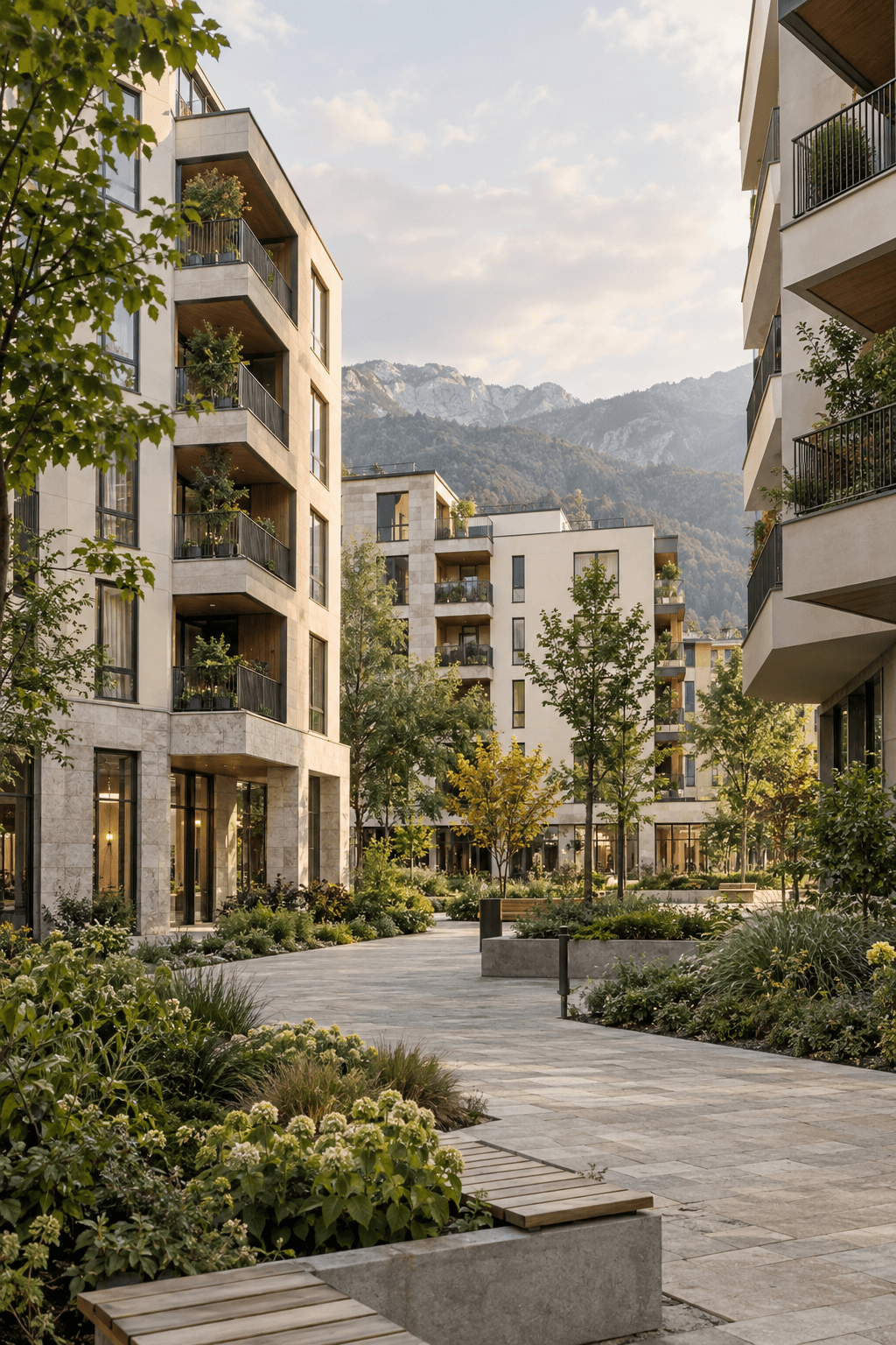 Contemporary apartment buildings arranged around a landscaped residential courtyard