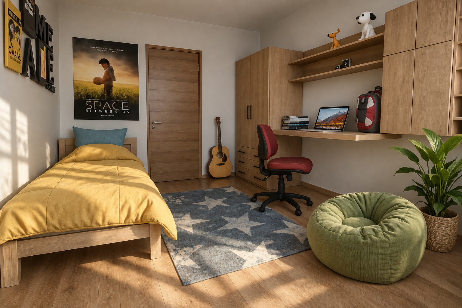 3D vizualizacija savremene omladinske sobe s drvenim namještajem, integrisanim radnim stolom, gitarom i vrećom za sjedenje